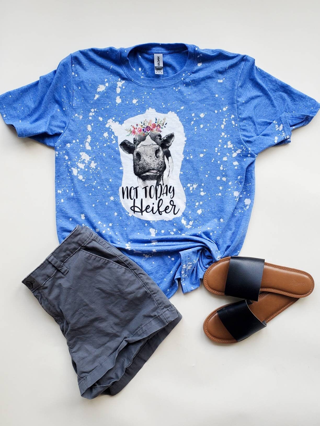 Not Today Heifer - Cow - Bleached with Sublimation T-Shirt/Polyester Material
