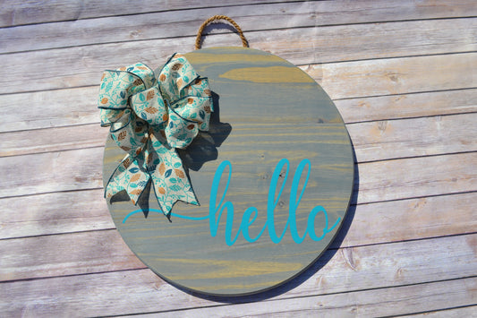 18" Hello Wood Round Door/Wall Hanging - Door Decoration, Home Decor, Wreath, Farmhouse Decor